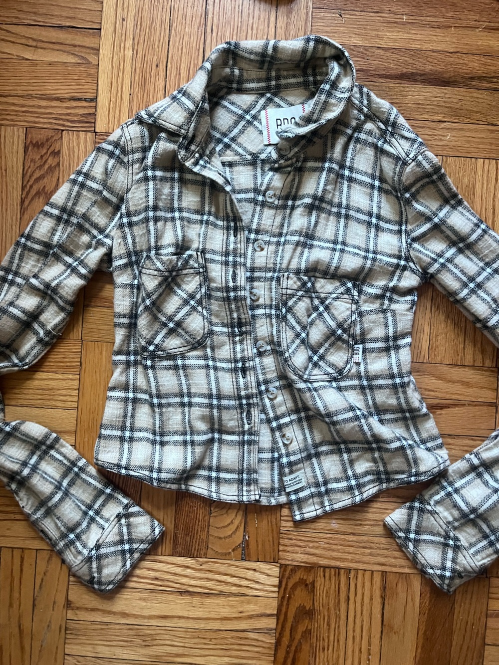 BDG Cream and Black Plaid Button-Front Cropped Flannel Shirt